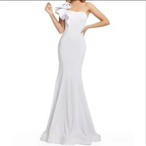 Mac Duggal Ieena Mermaid White Ruffle One-Shoulder Gown